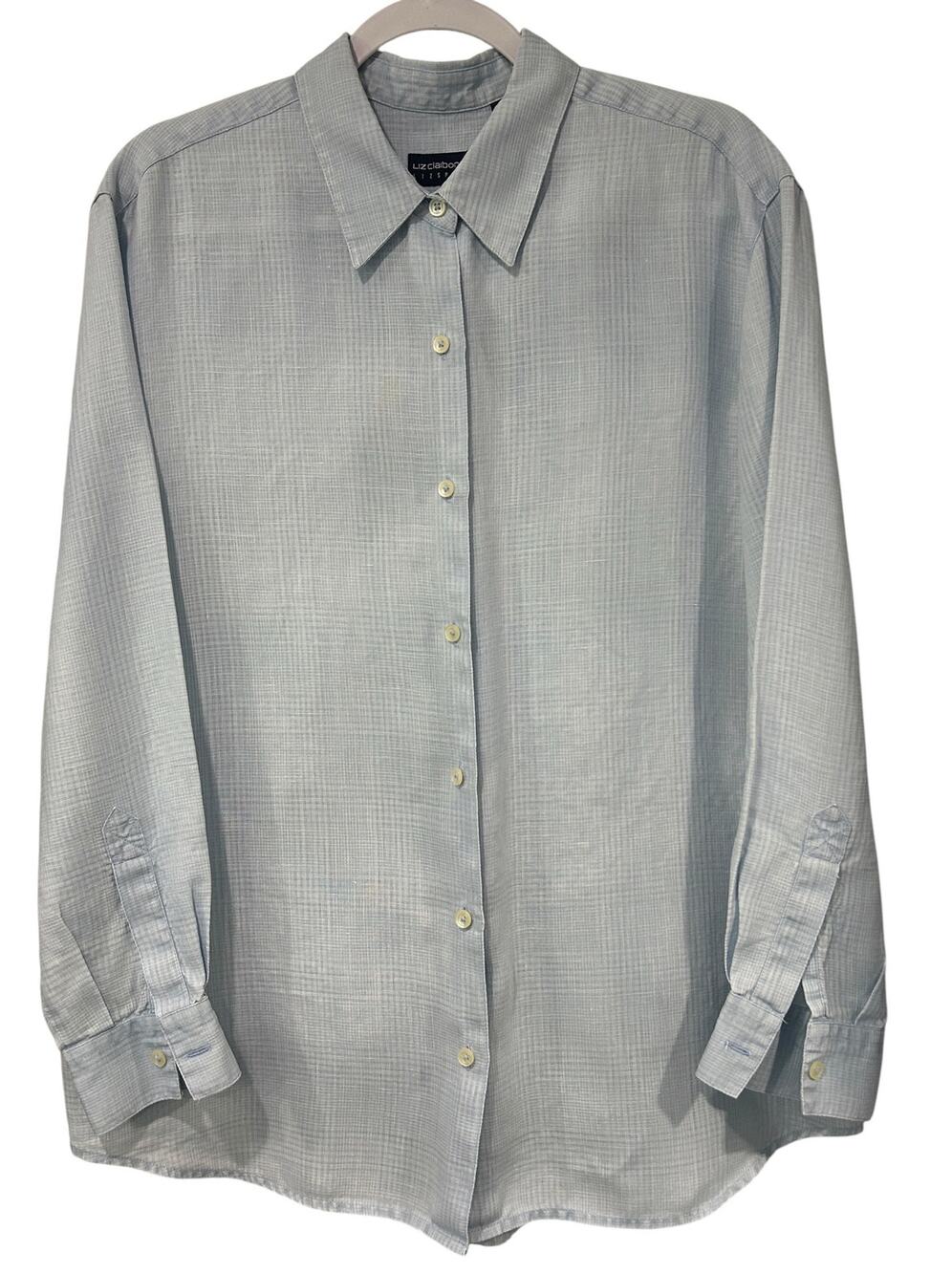 Liz Claiborne Irish Linen Button Shirt Blue Long Sleeve Career Women L Classic